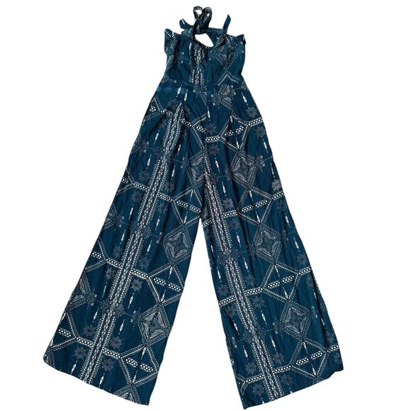 Cleobella Low Neck Halter Wide Leg Teal & Cream Jumpsuit Pockets Size XS - Picture 2 of 10